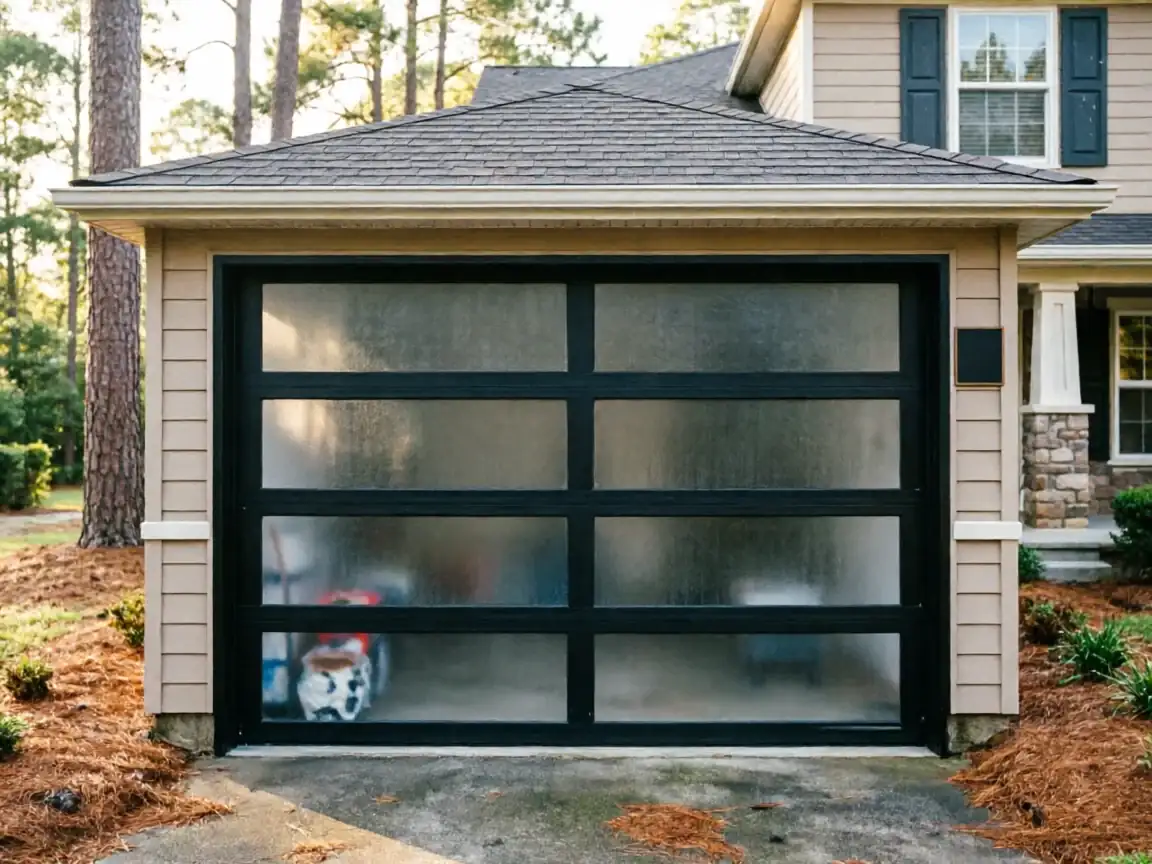 A modern black garage door with frosted glass panels on a tan house.