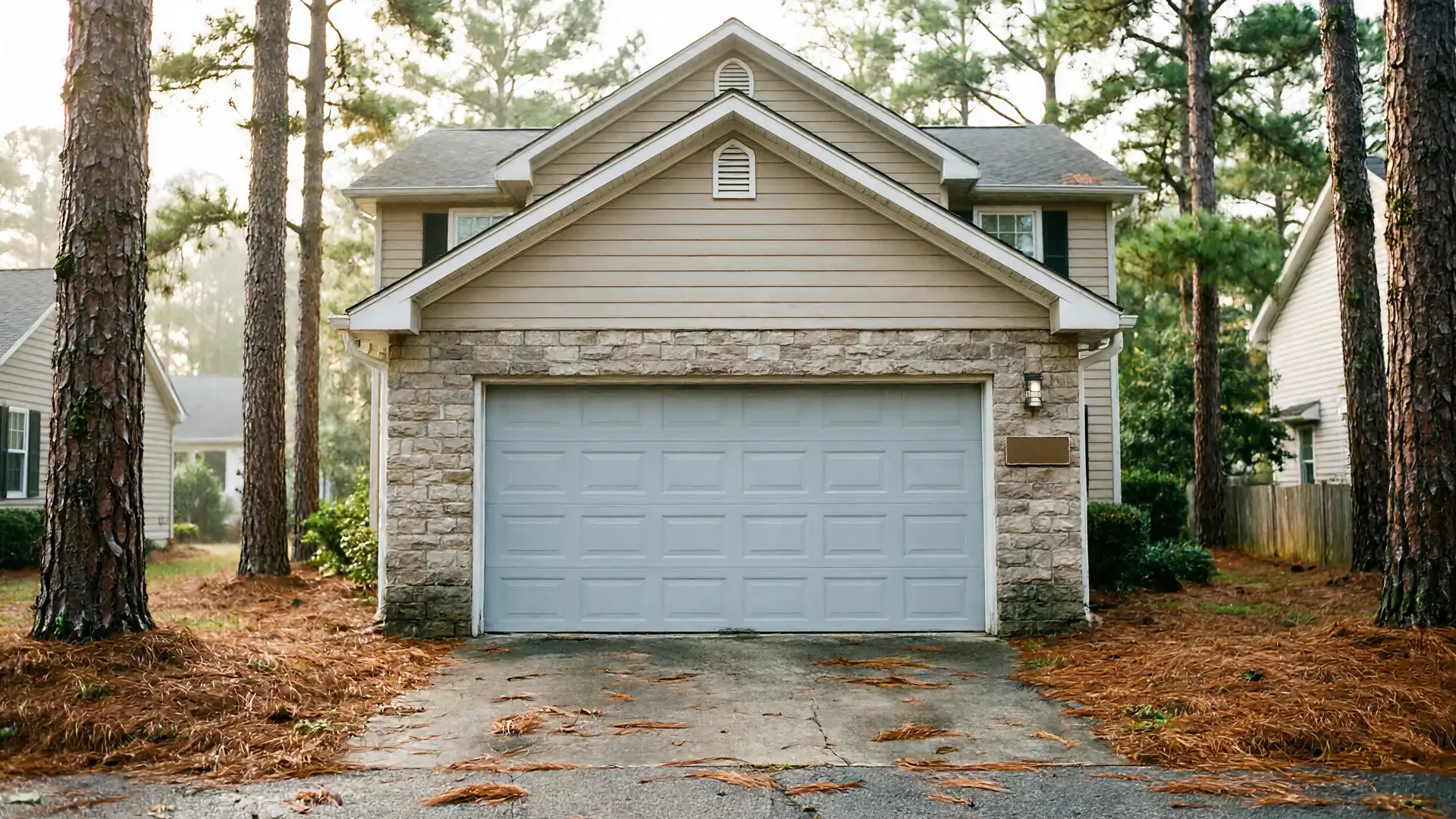 A light gray garage door on a house with stone and siding.