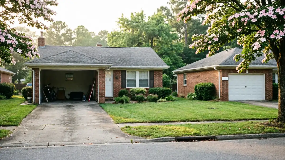 A brick house with an open carport and a white garage door on a separate building.
