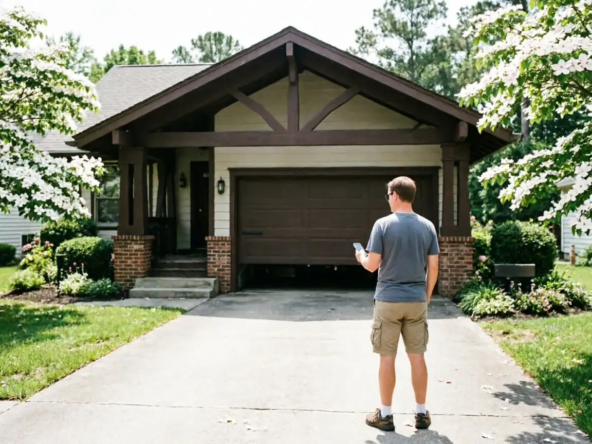 A man stands in a driveway, looking at a partially open brown garage door.