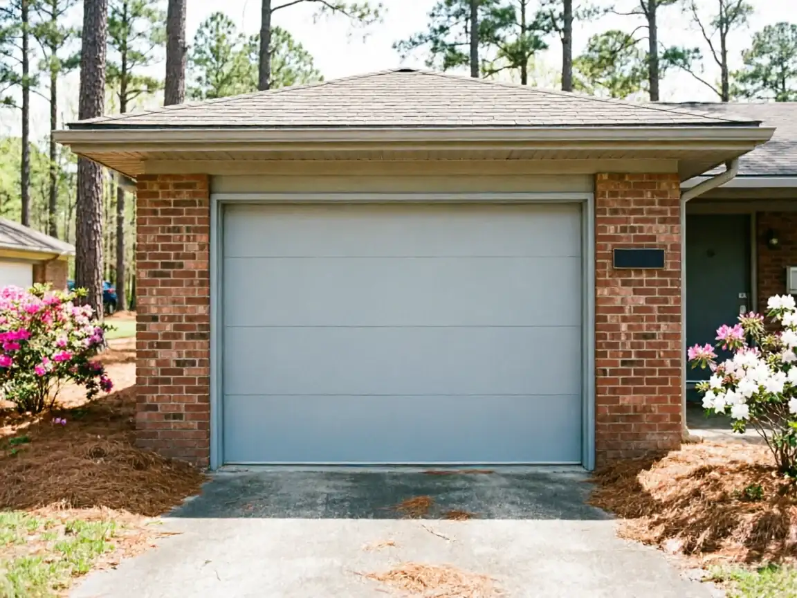 A light gray garage door is on a brick house with green trees and bushes.