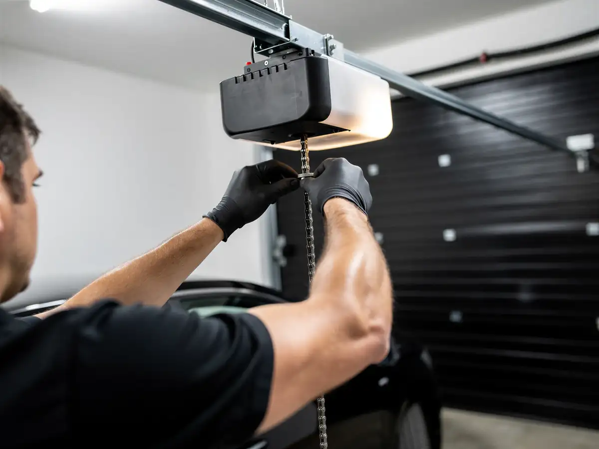 A technician in black gloves adjusts the chain on a garage door opener.