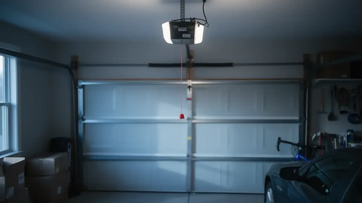 A garage door opener hangs above a closed white garage door.