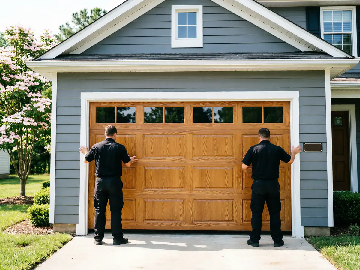 Two technicians are installing a wooden garage door with windows on a gray house.