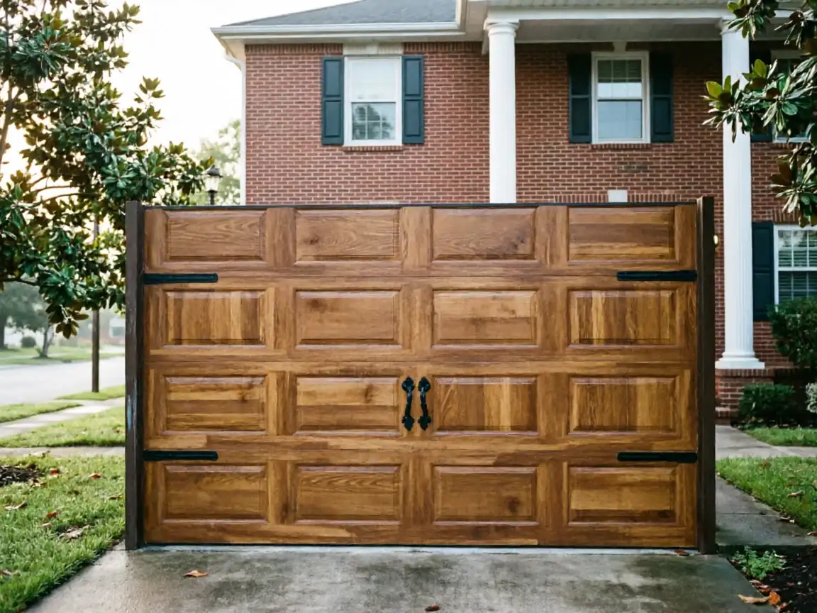A brown wooden garage door with black decorative hardware is closed.
